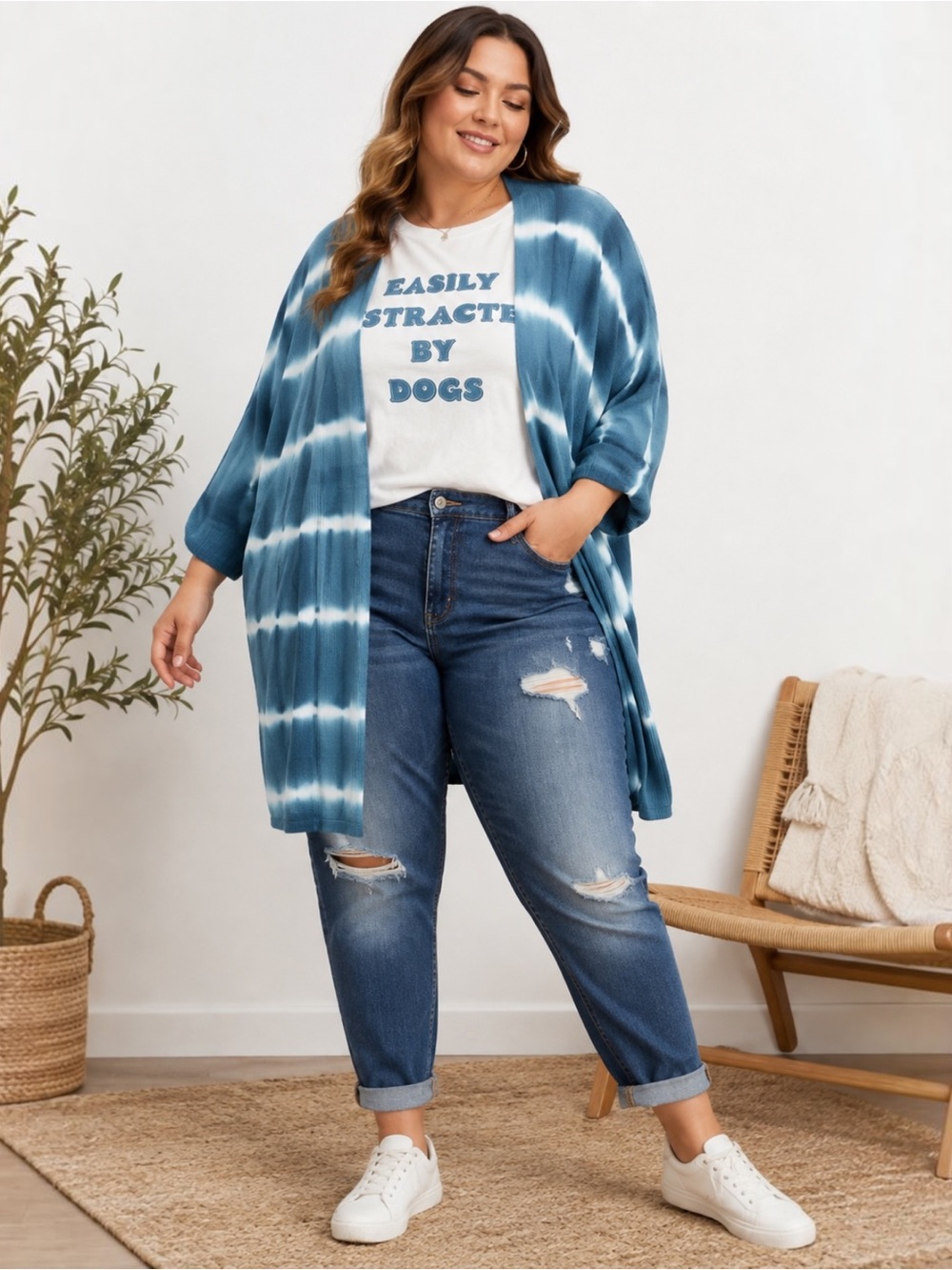 Torrid 2X Blue White Tie Dye Dolman Sleeve Open Front Cardigan Sweater